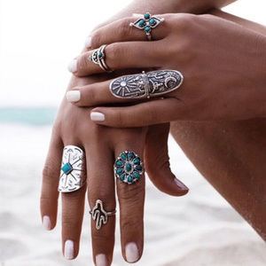 9 Vintage Turkish Turquoise Silver Boho Midi Ring